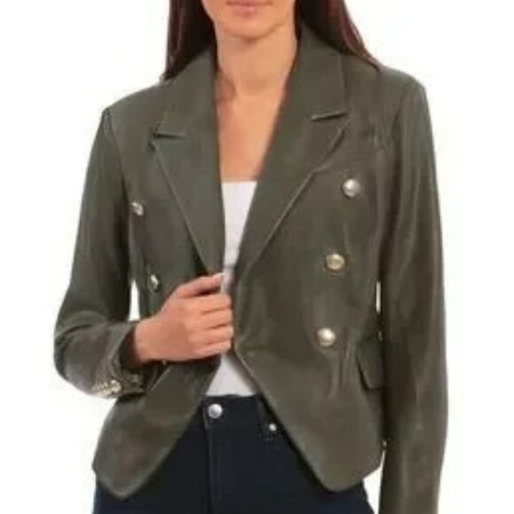Avec Les Filles Jackets & Blazers - NWOT Olive Green Gold Button Double-breasted Faux Leather Blazer S